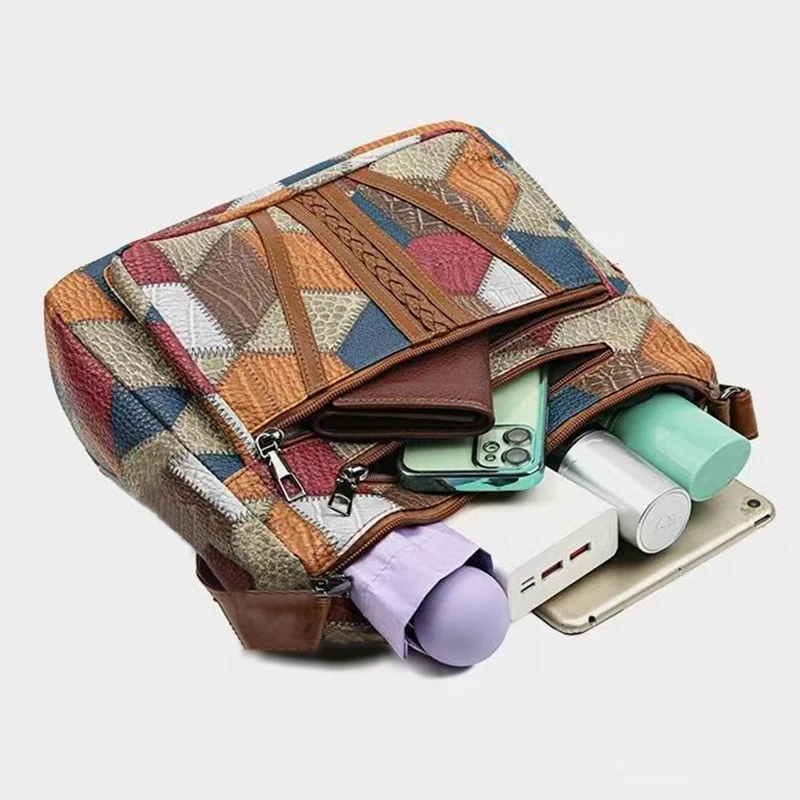 Neutral style backpack for moms with a strap design. Single shoulder bag with a patchwork pattern. Adjustable shoulder strap. - Image 2