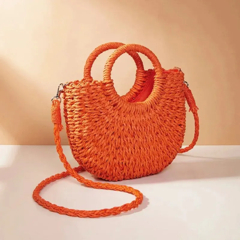 Handwoven Straw Rattan Half-Moon Beach Handbag Large Capacity Women Summer Hollow Out Crossbody Shoulder Bag - Image 2