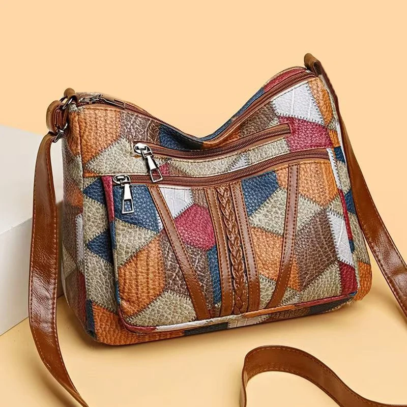 Neutral style backpack for moms with a strap design. Single shoulder bag with a patchwork pattern. Adjustable shoulder strap.